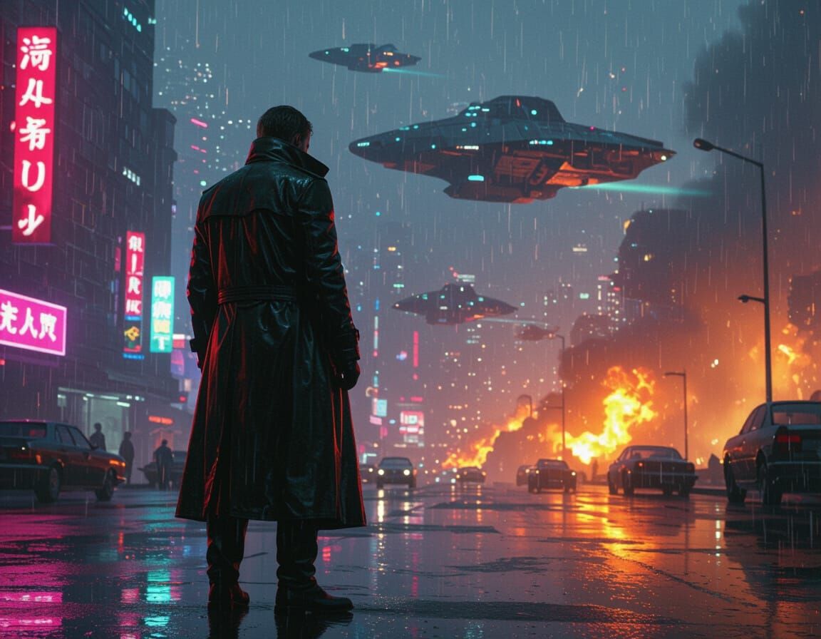 Neon Cityscape: Burning Ships in Cyberpunk Style