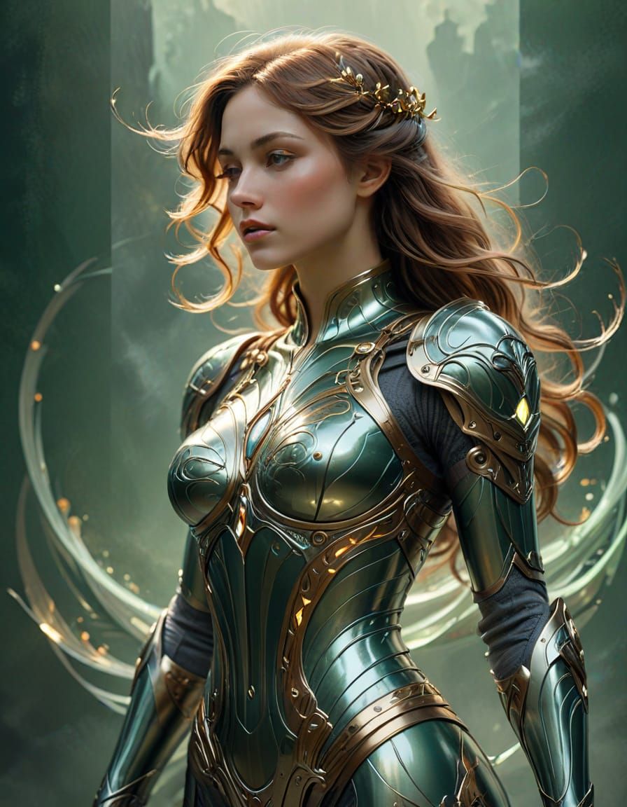Ethereal Art Nouveau Goddess in Futuristic Armor