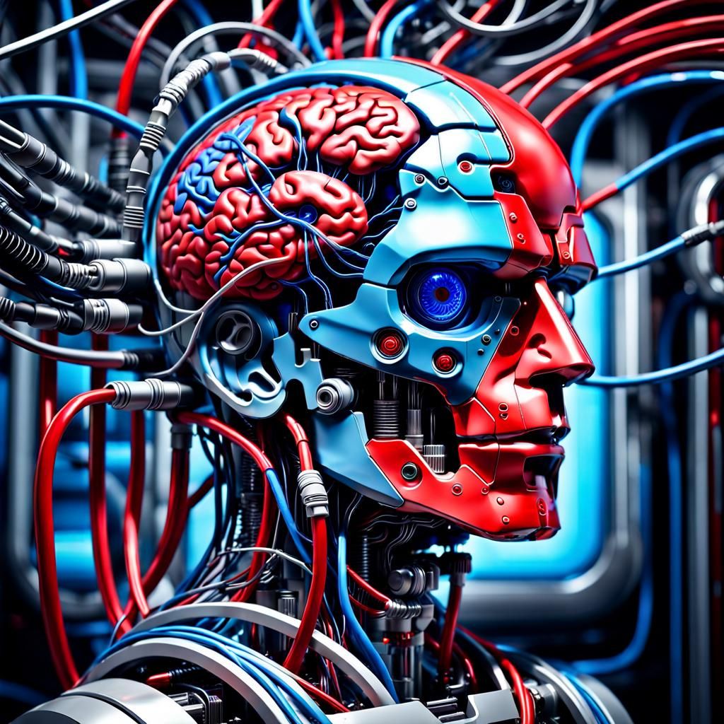 Intricate Robot Head and Brain with Flowing Liquids