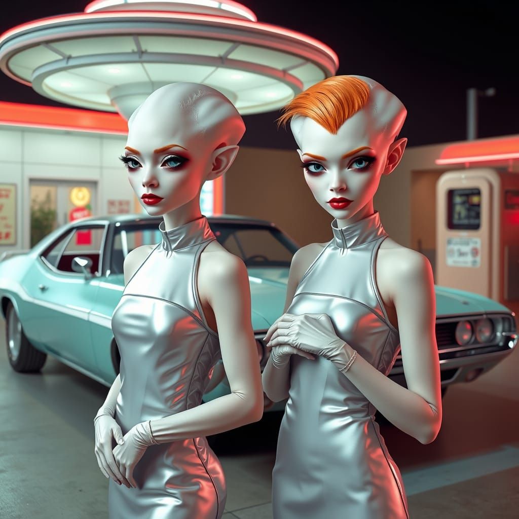 Ethereal Alien Goddesses in Metallic Gowns Pose in Retro-Fut...