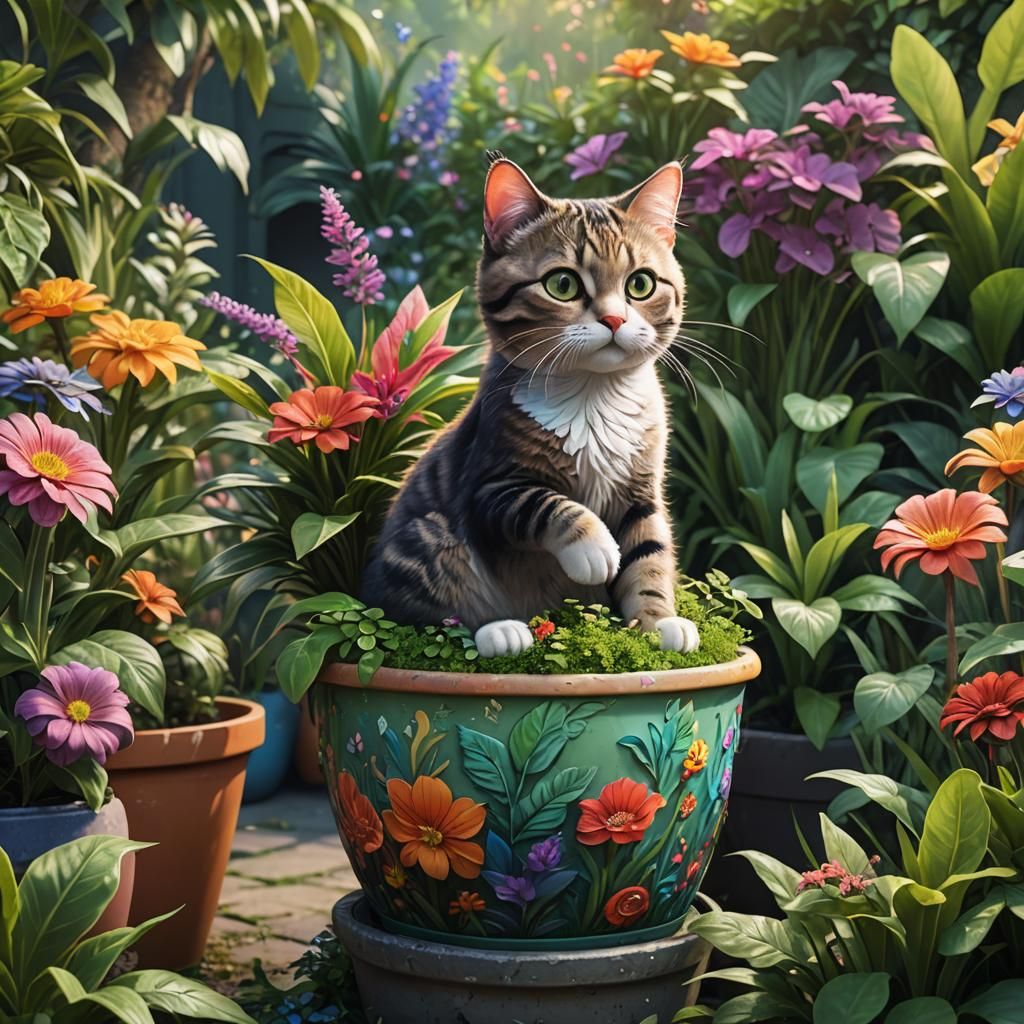 Whimsical Fantasy Cat Pops Out of Enchanted Plant Pot