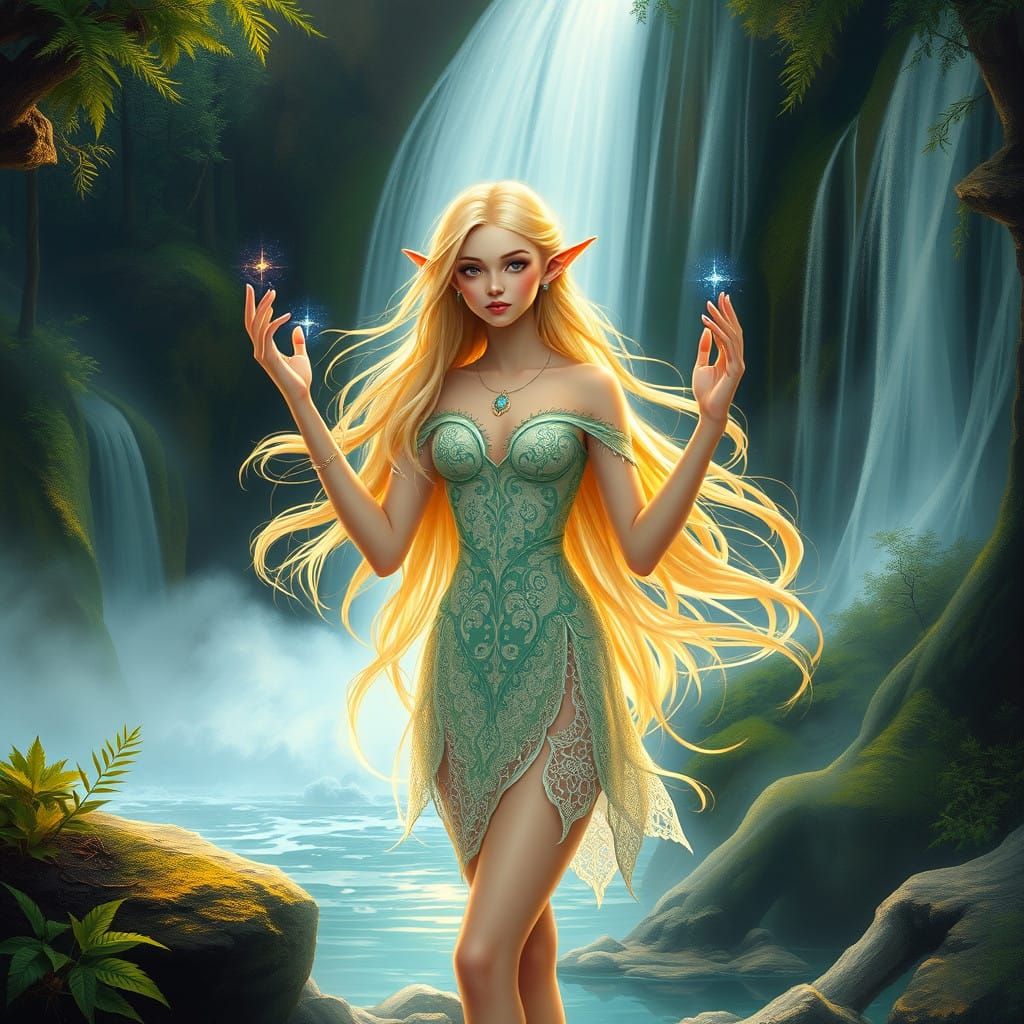 Dreamlike Elven Maiden Interacts with Cosmic Portal