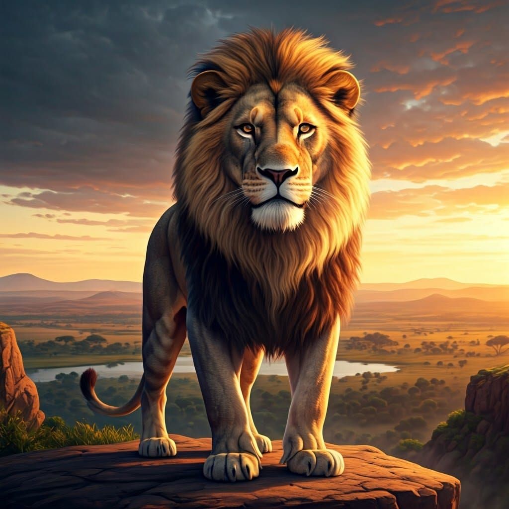 Majestic Lion in Golden Sunset, Wildlife Art in Photorealist...