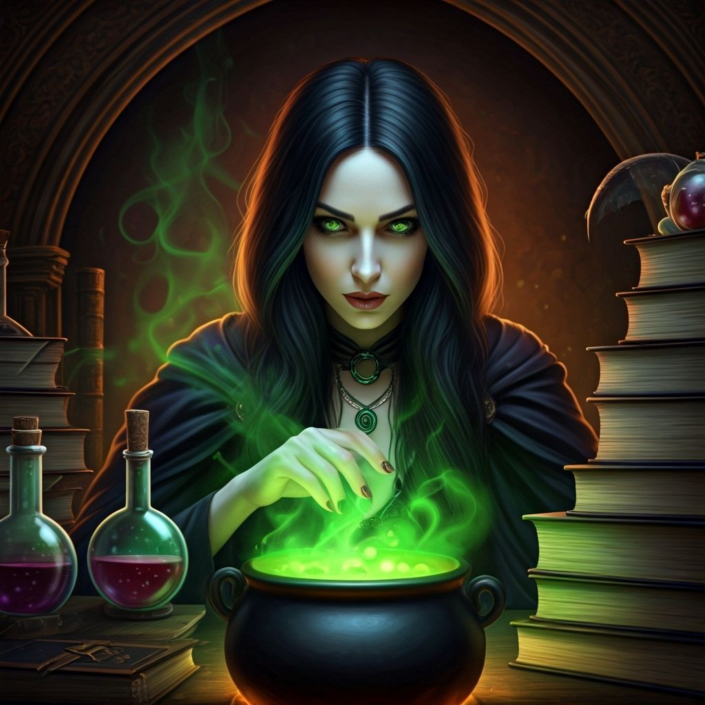 Mysterious Witch Gazes Into Glowing Cauldron