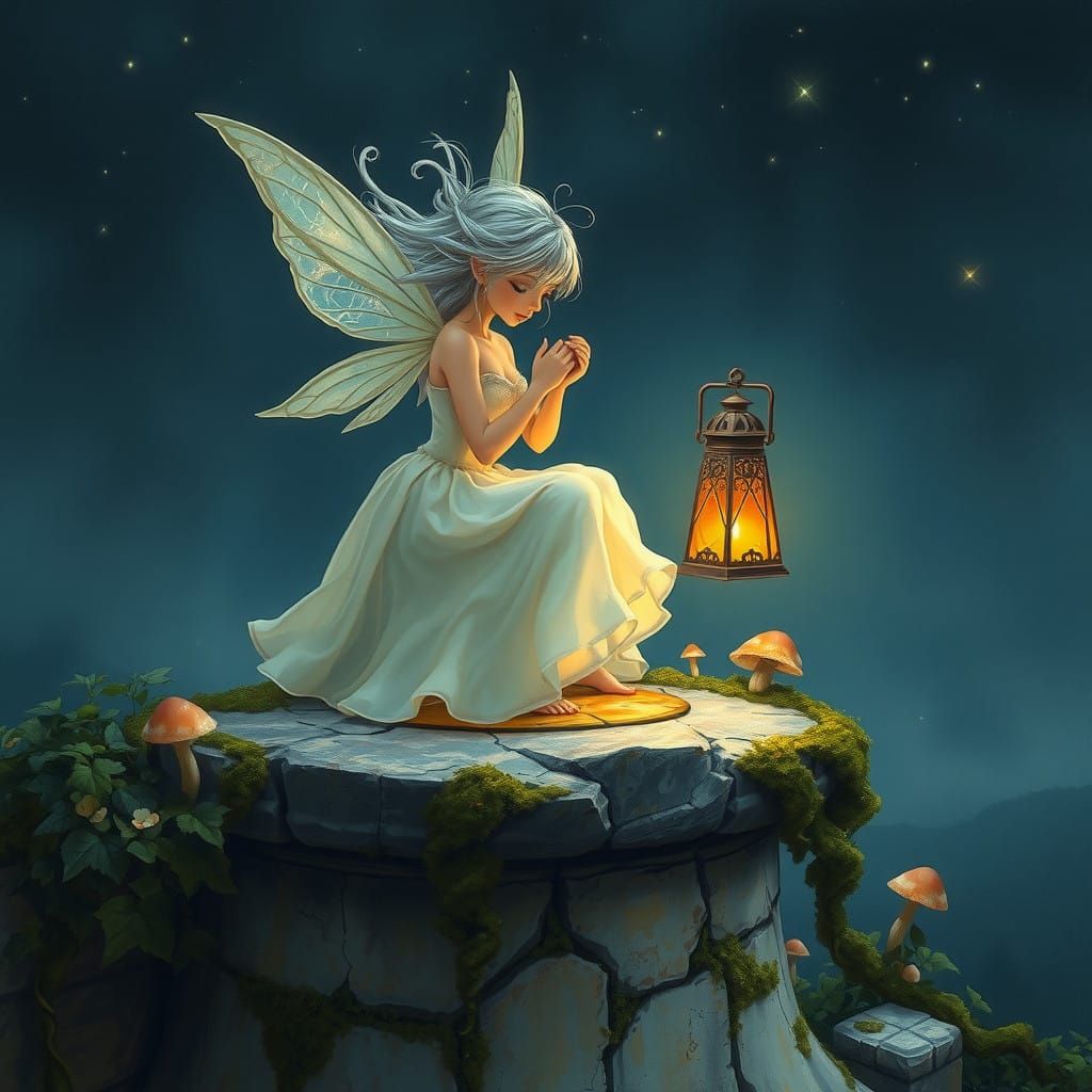 Enchanting Fairy Sits Amidst Mossy Ruins in Whimsical Oil Pa...