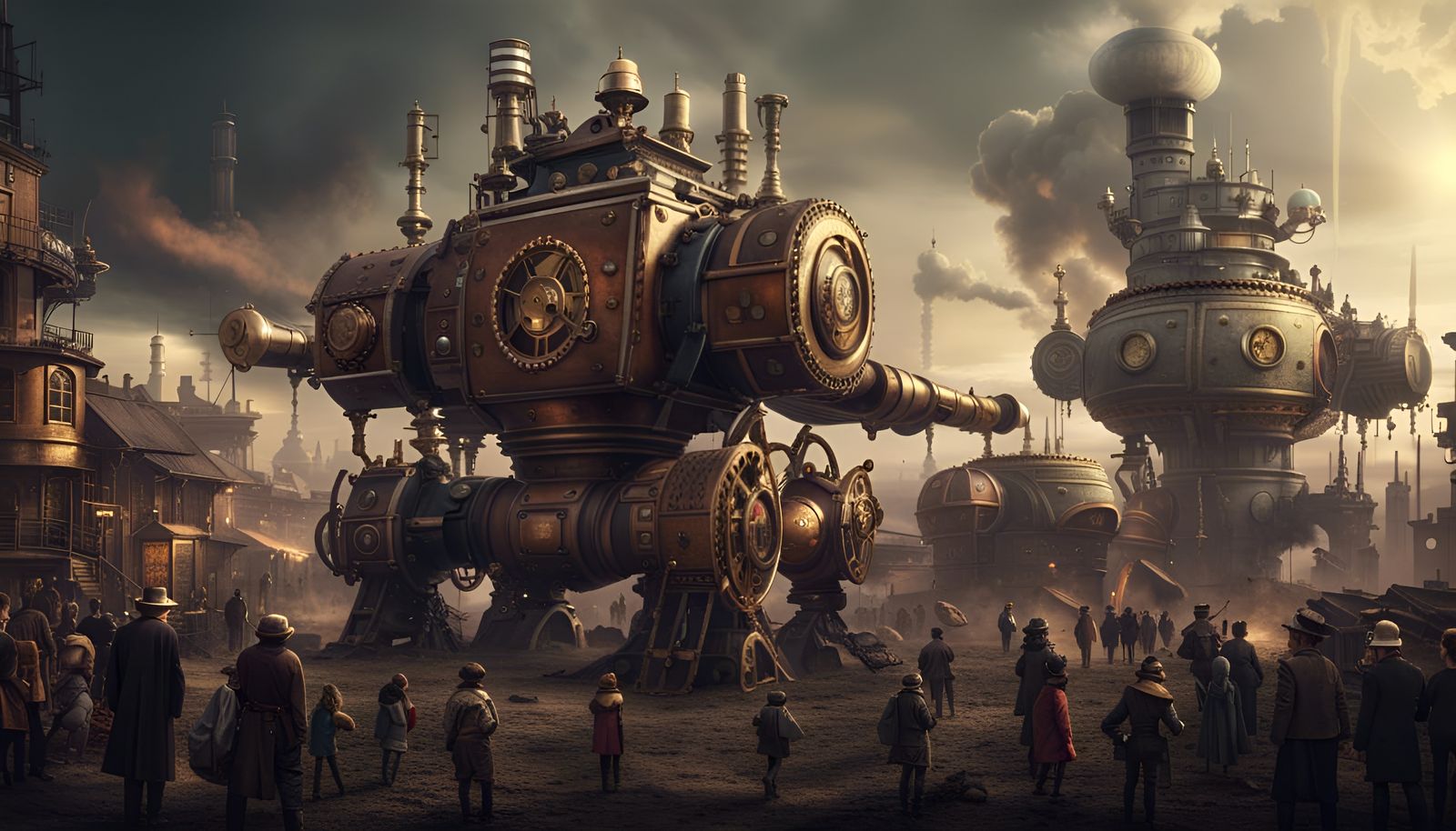 Epic Steampunk Robot Battle in a Cinematic Digital Landscape