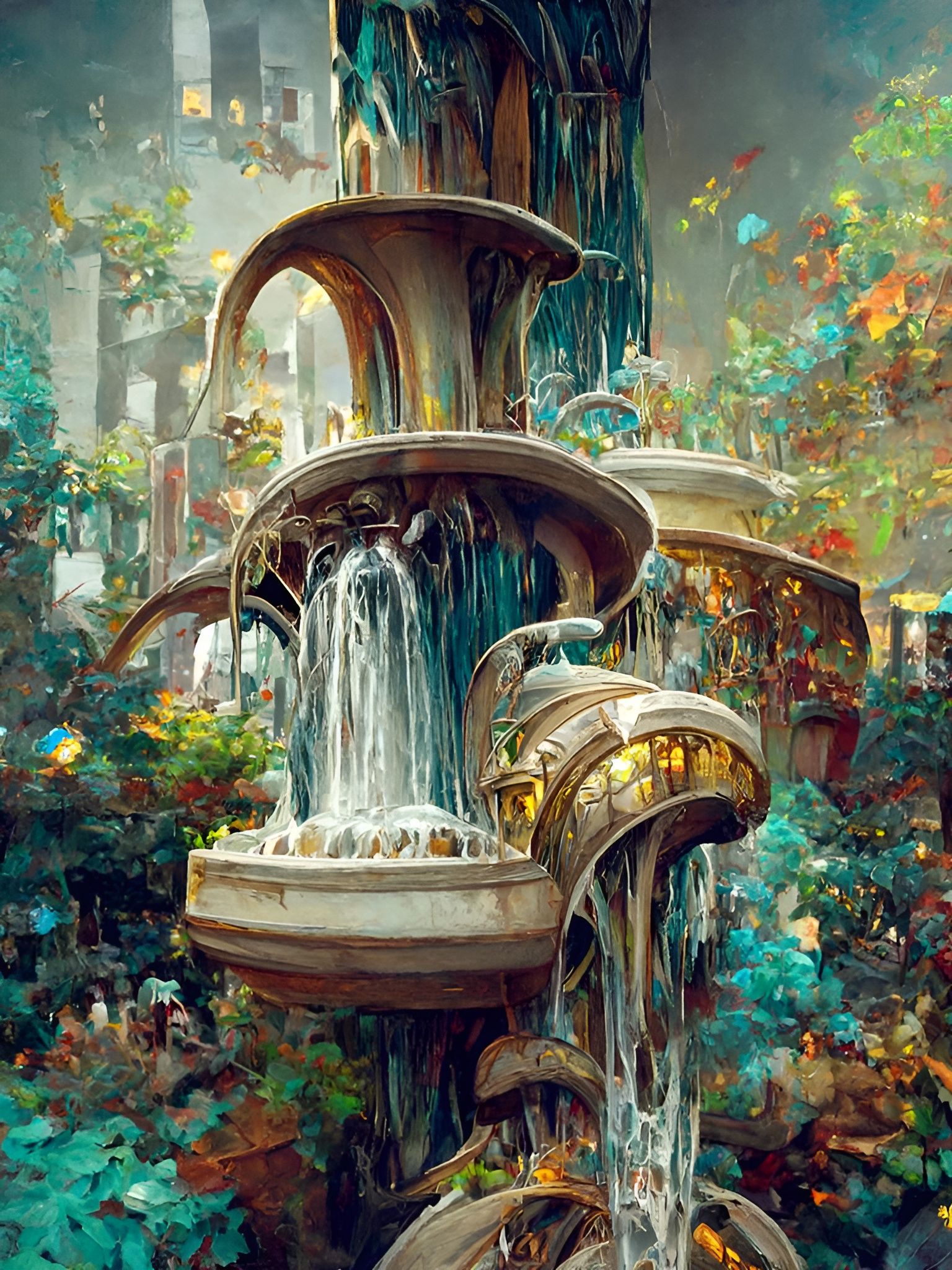 Surreal Art Nouveau Fountains in Hyperrealistic Detail