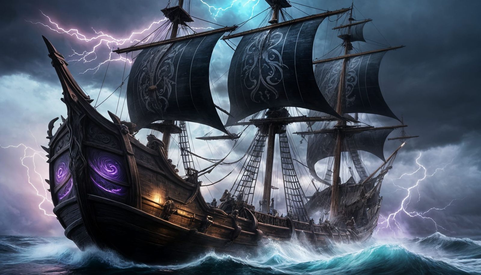 Epic Black Galleon Battles a Multicolored Stormy Sea