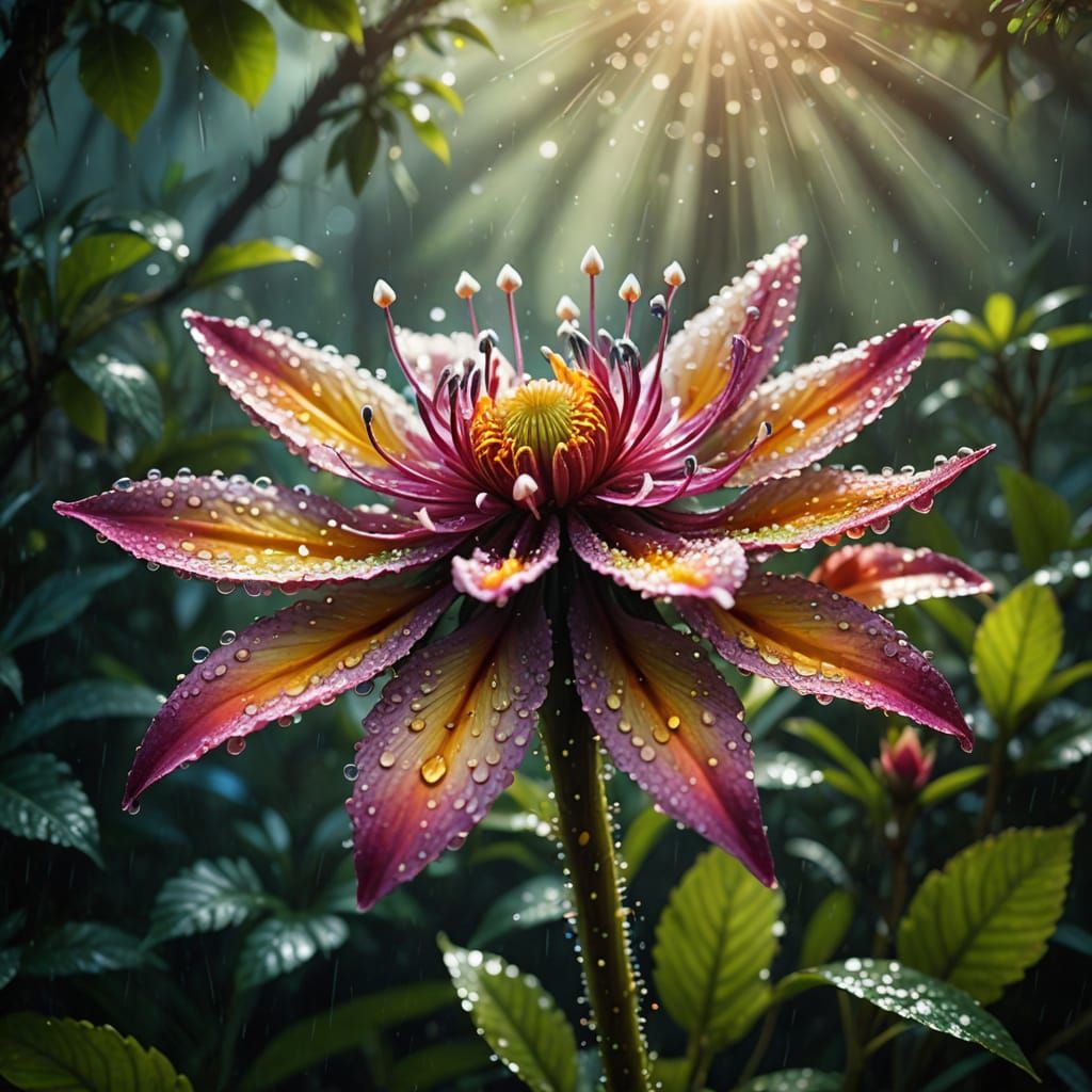 Vibrant Jungle Fantasy Blossom in Morning Mist
