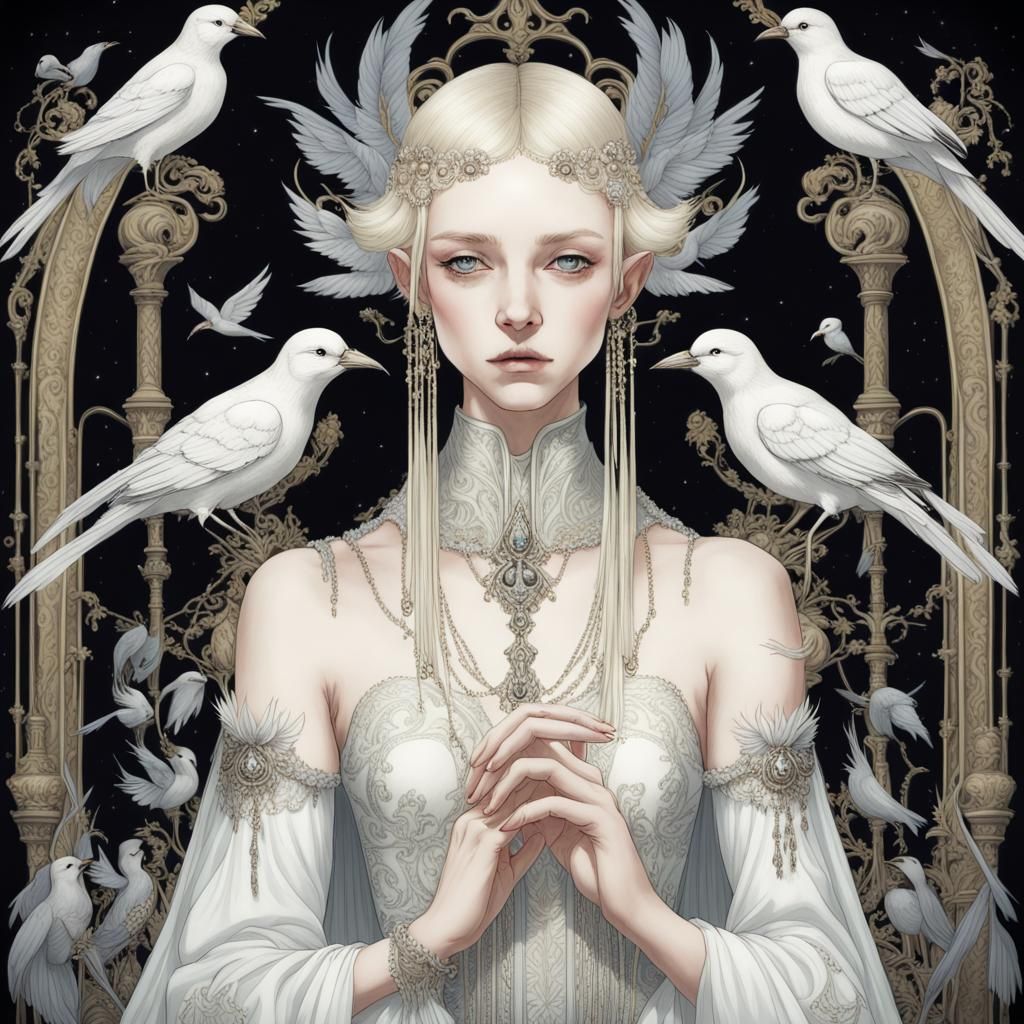 Fantasycore Woman Amidst Whimsical Elements and Birds in Bar...