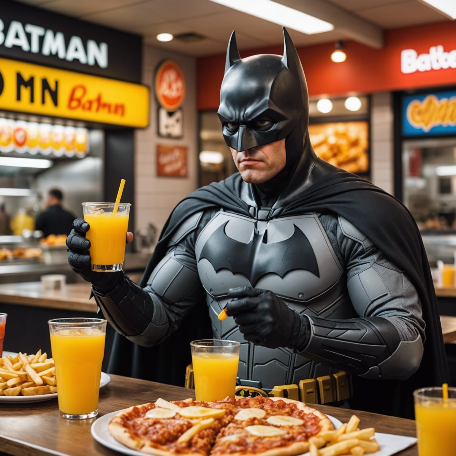 Dark Knight Indulges in Fast Food Favorites in a Busy Restau...