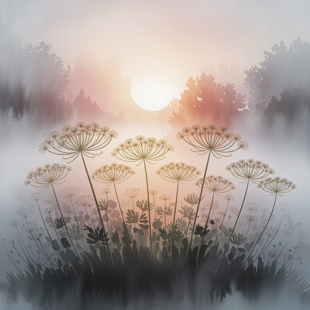 Misty Landscape Watercolor Illustration at Dawn