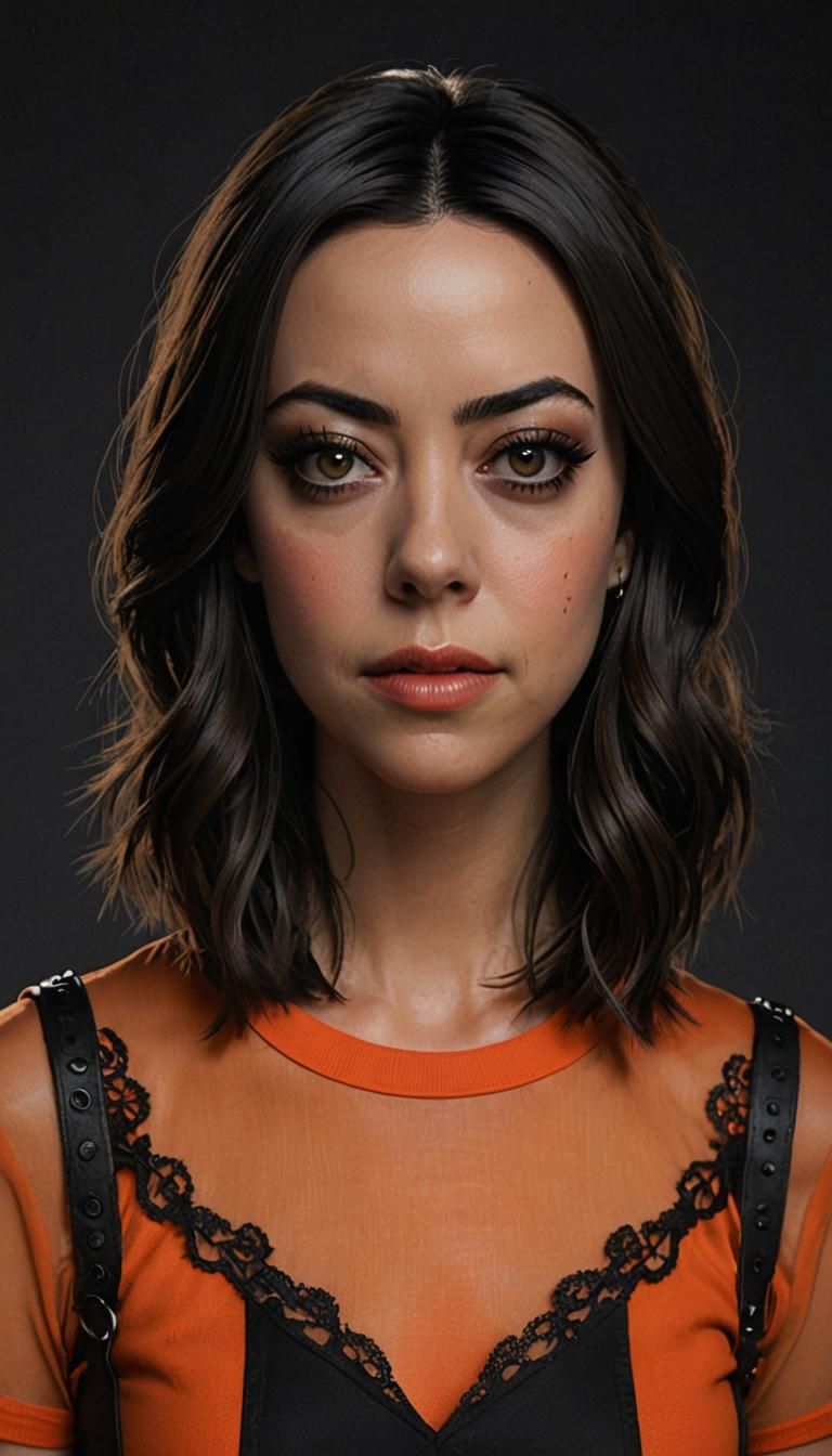 Aubrey Plaza with pronounced goth traits, featuring dark eye...