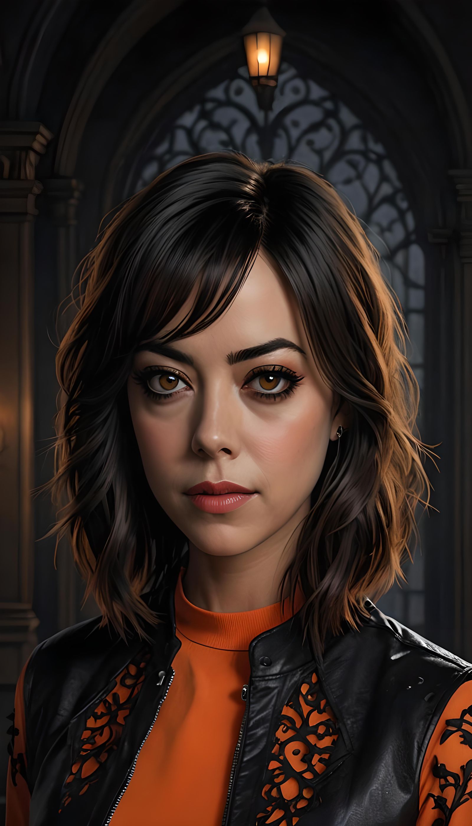 Aubrey Plaza with pronounced goth traits, featuring dark eye...