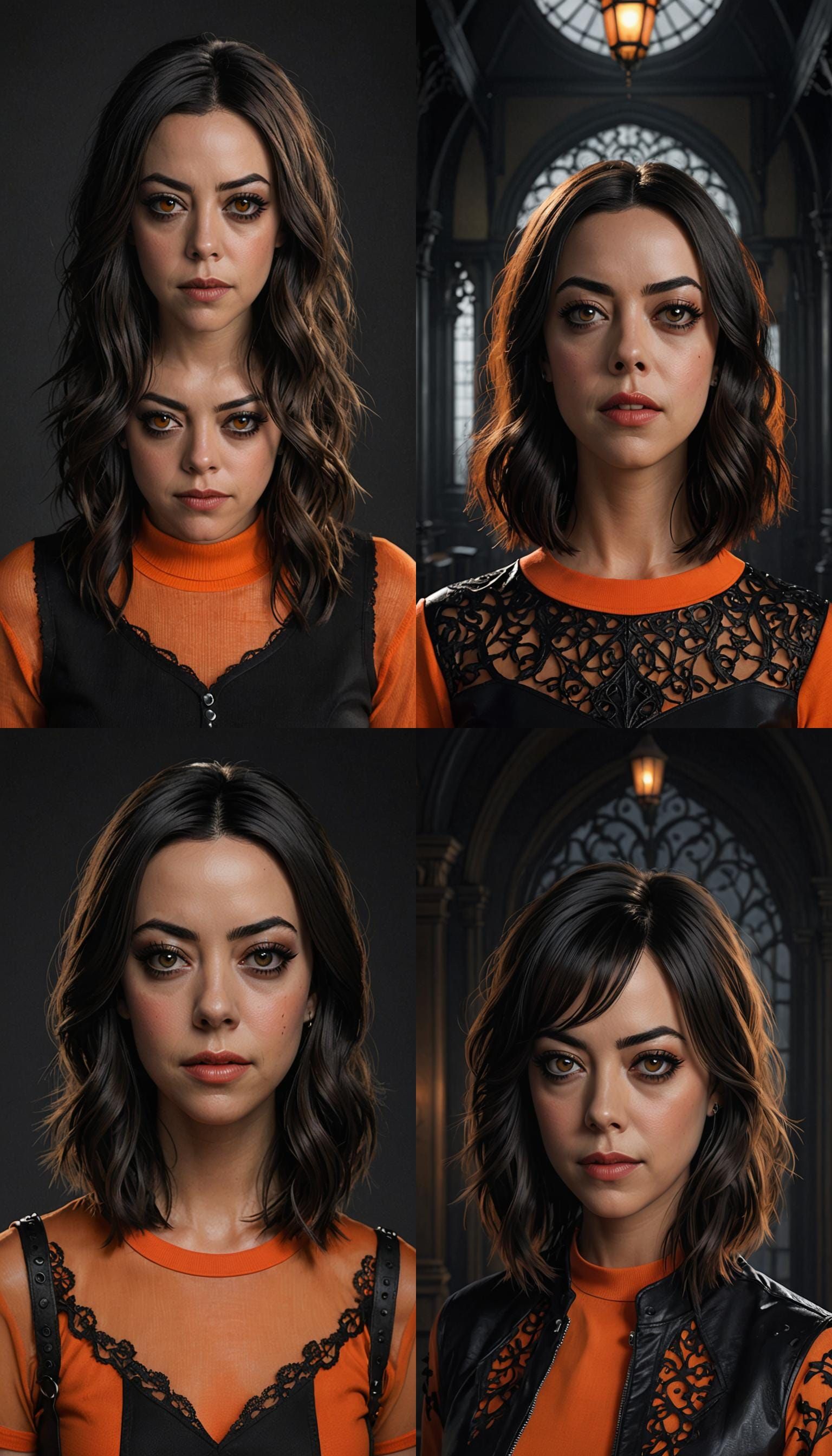 Aubrey Plaza with pronounced goth traits, featuring dark eye...