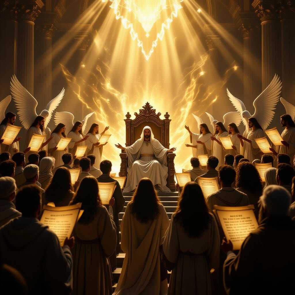 Heavenly Scene: Redeemed Worship Lamb Surrounded by Angels