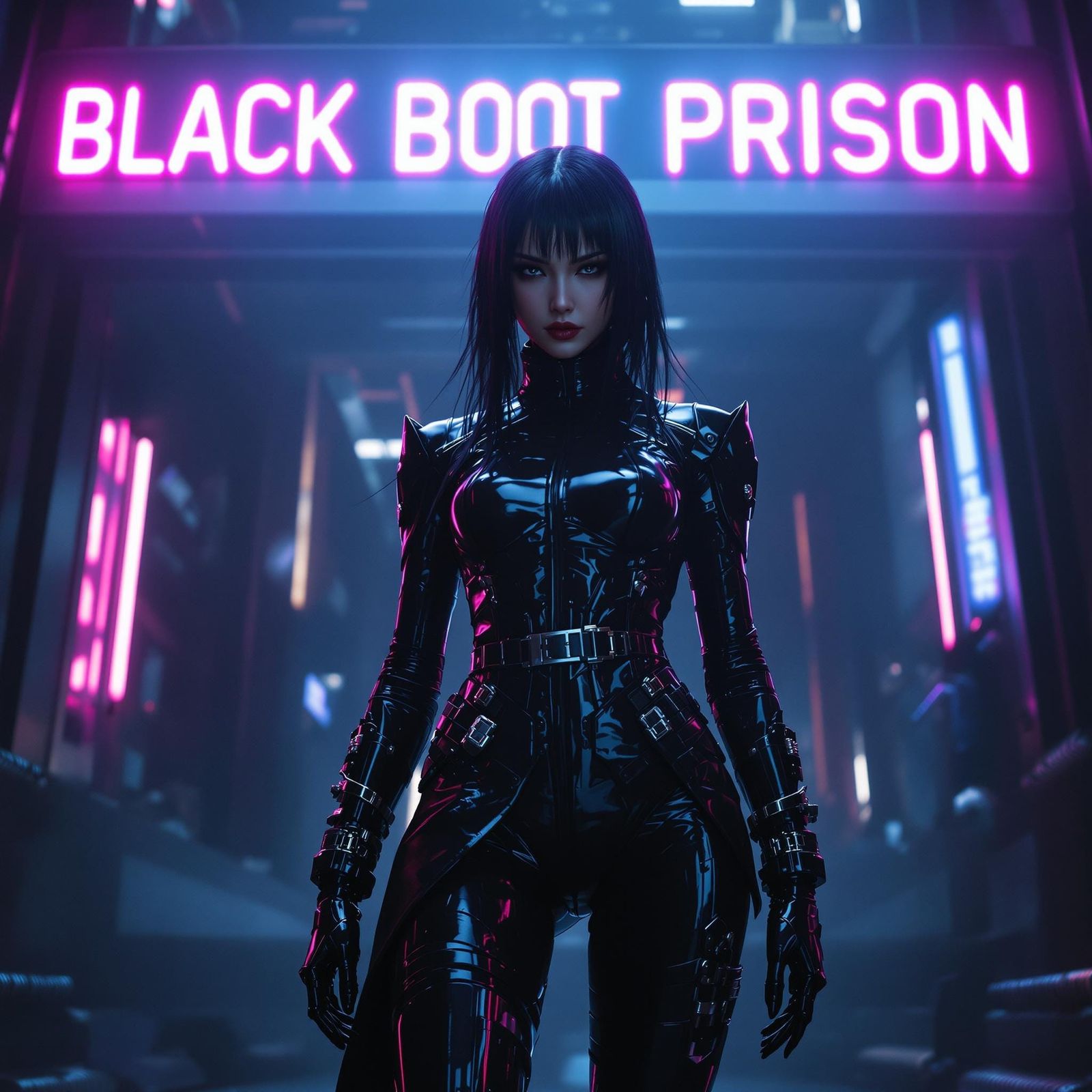 Glamorous Cyberpunk Heroine in Neon-Lit Black Boot Prison