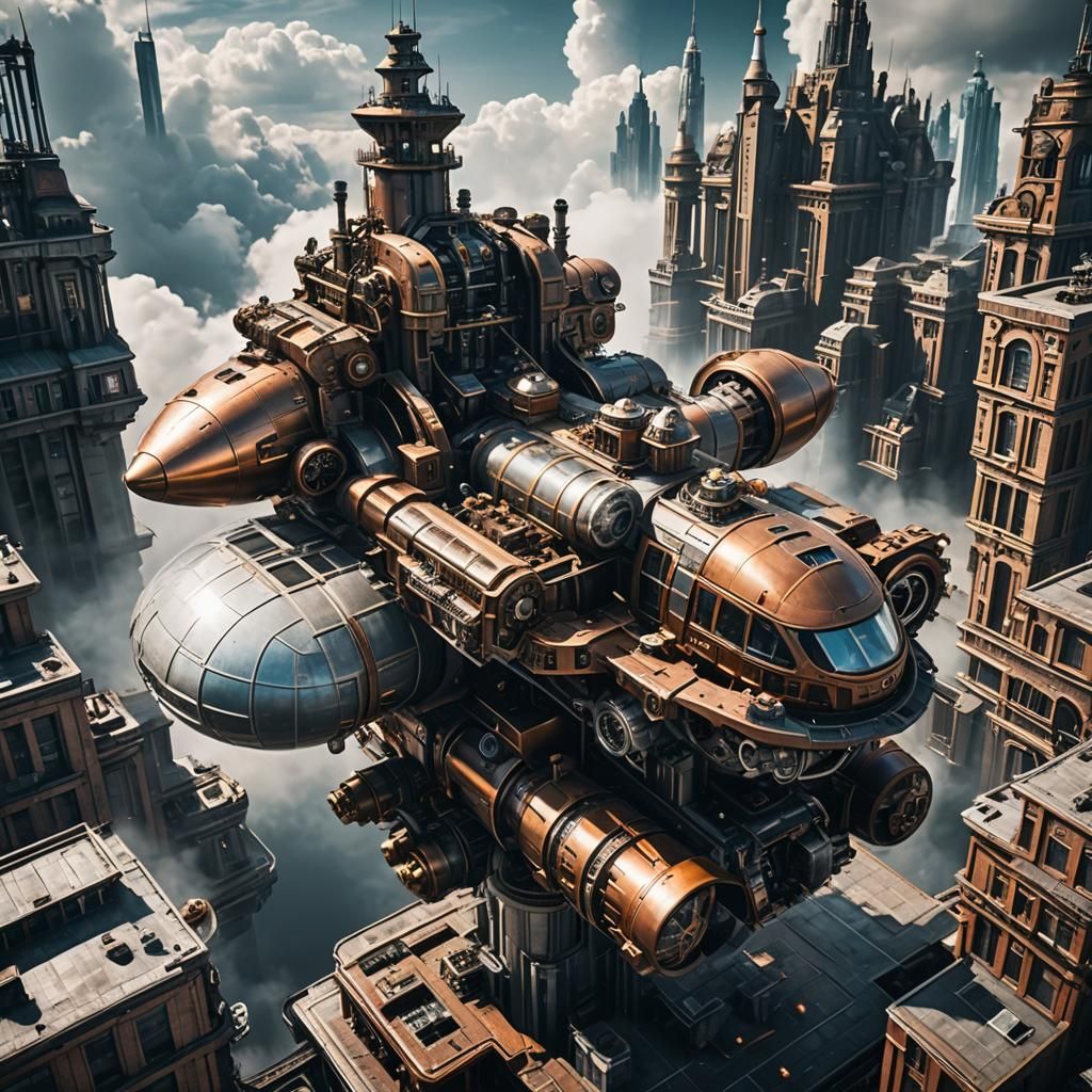 Futuristic Space Ship Lands in a Bustling Steampunk Cityscap...