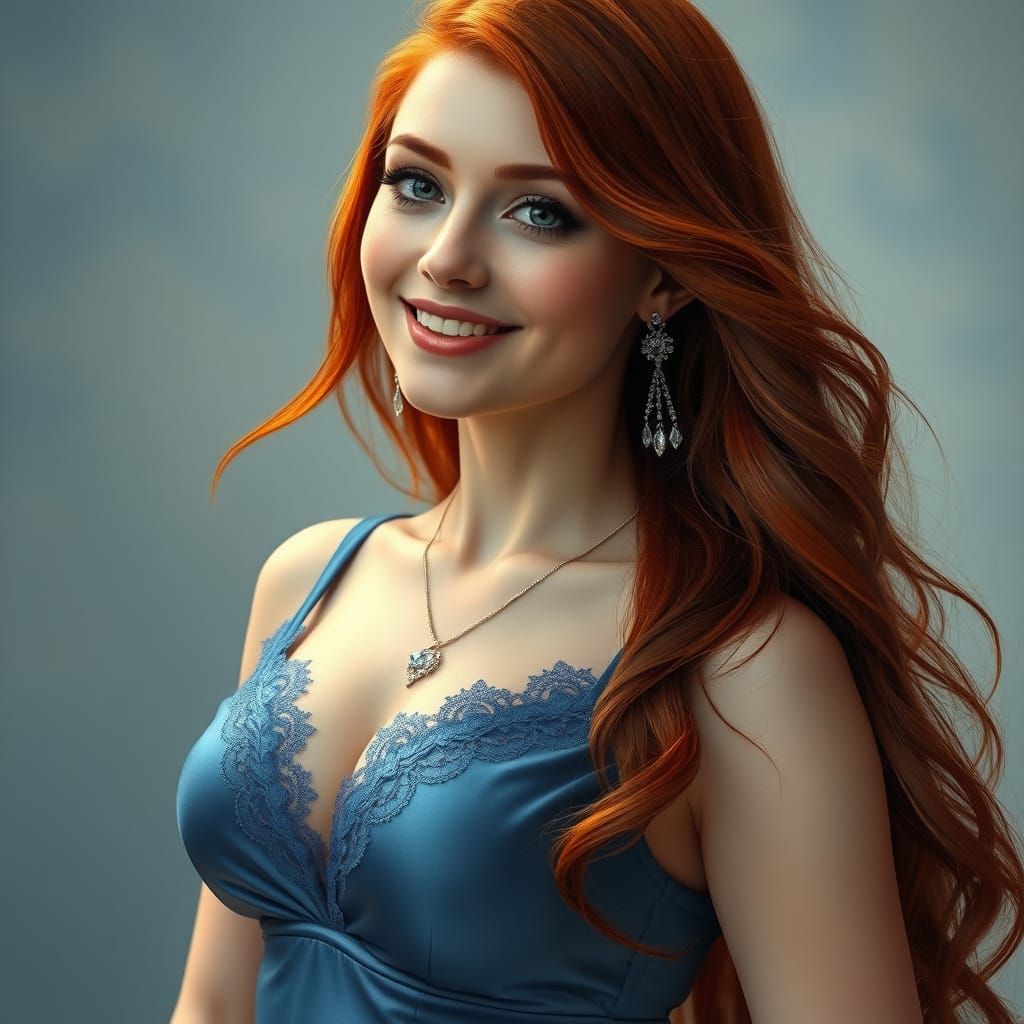 Ethereal Redhead Beauty in Luxurious Blue Gown