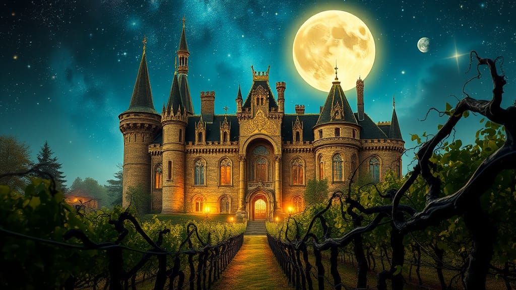 Ancient Chateau in a Moonlit Vineyard Under a Starry Night S...