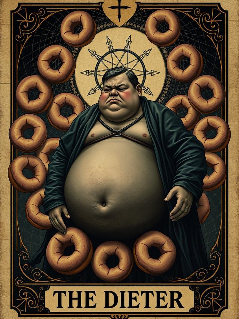 Tarot Card Art of Obese Man with Donuts in Art Nouveau Style