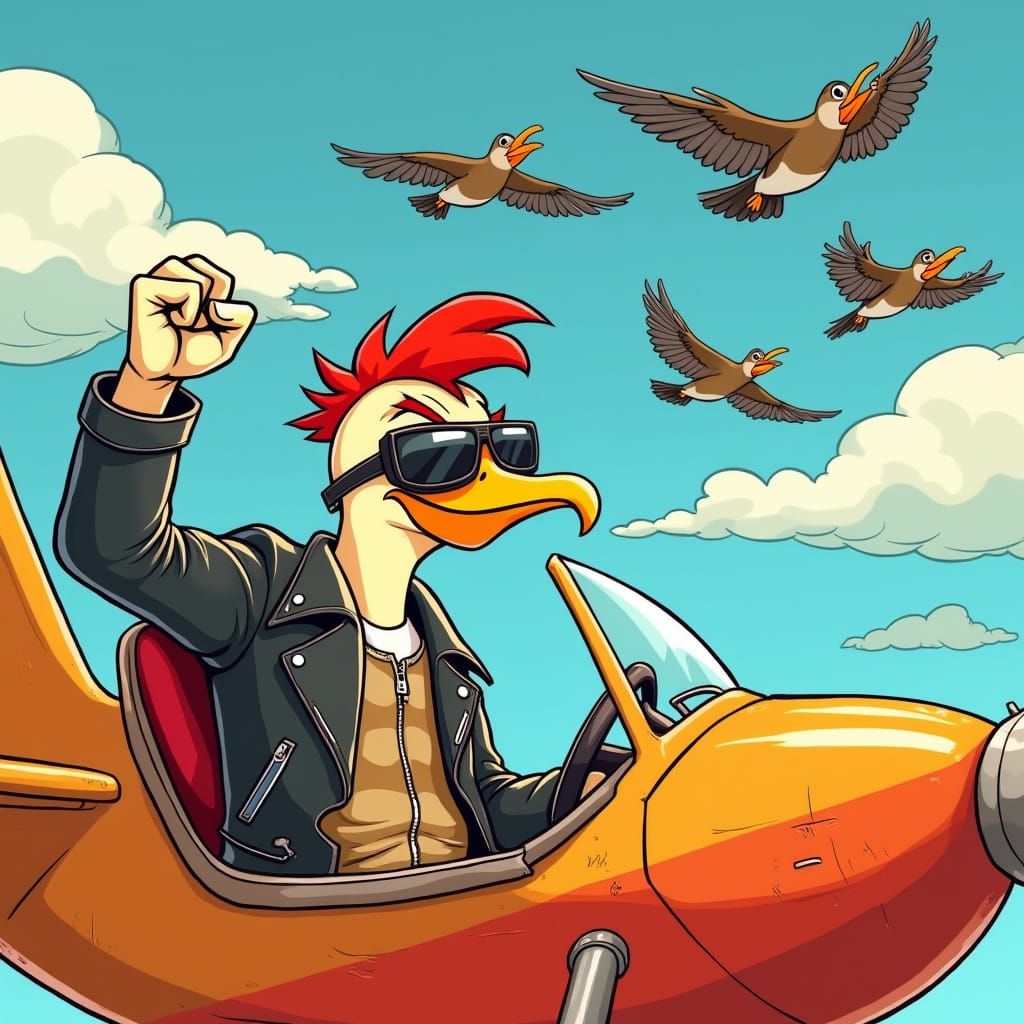 Bird Pilot Defies Flock in Vibrant Cartoon Chaos