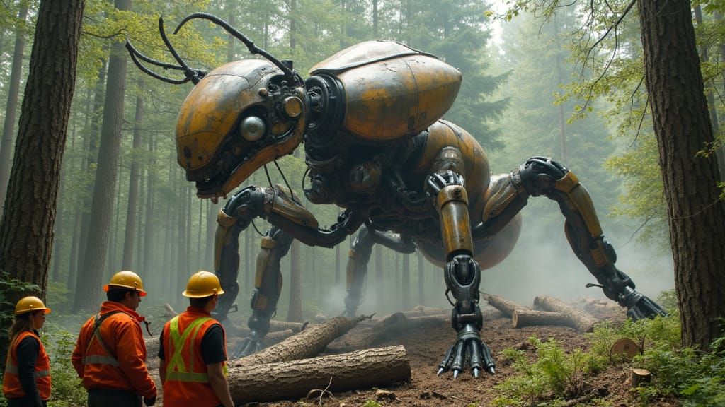 Mechanical Ant Forestry Team in Dappled Forest Light