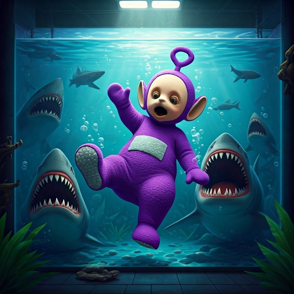 Teletubby Dives into a Dreamlike Shark Tank Nightmare