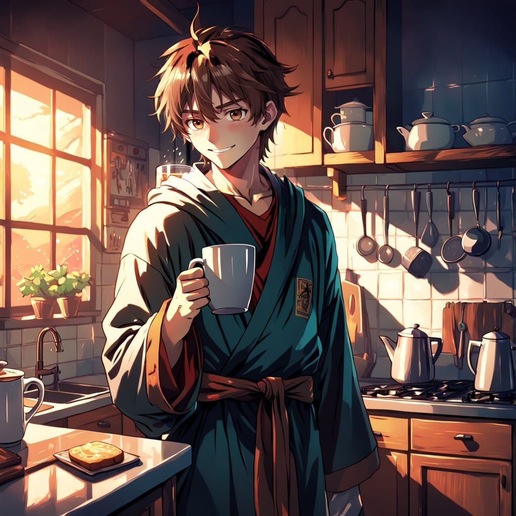 Young Man in Morning Routine, Anime-Style
