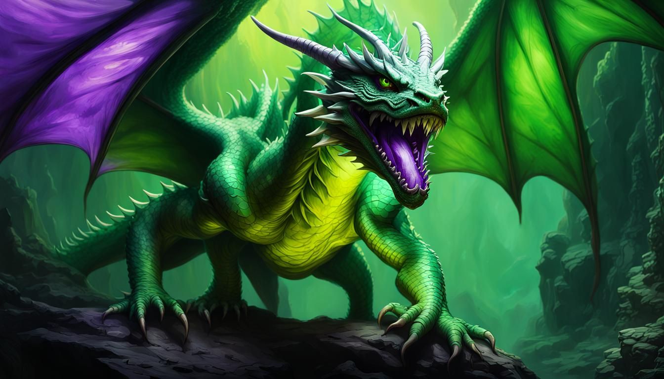 Surreal Acid Dragon Unleashes Green Fury in Fantastical Cave