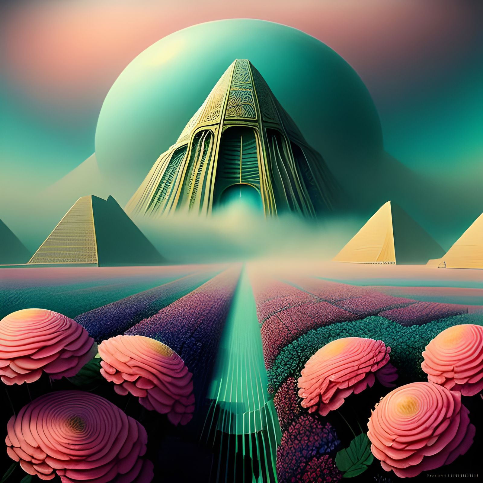 Ethereal Futuristic Field of Flowers in Sunset Techno Landsc...