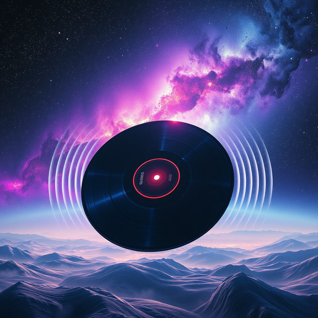 Cosmic Vinyl Record in Galaxy: Surreal Sci-Fi Art