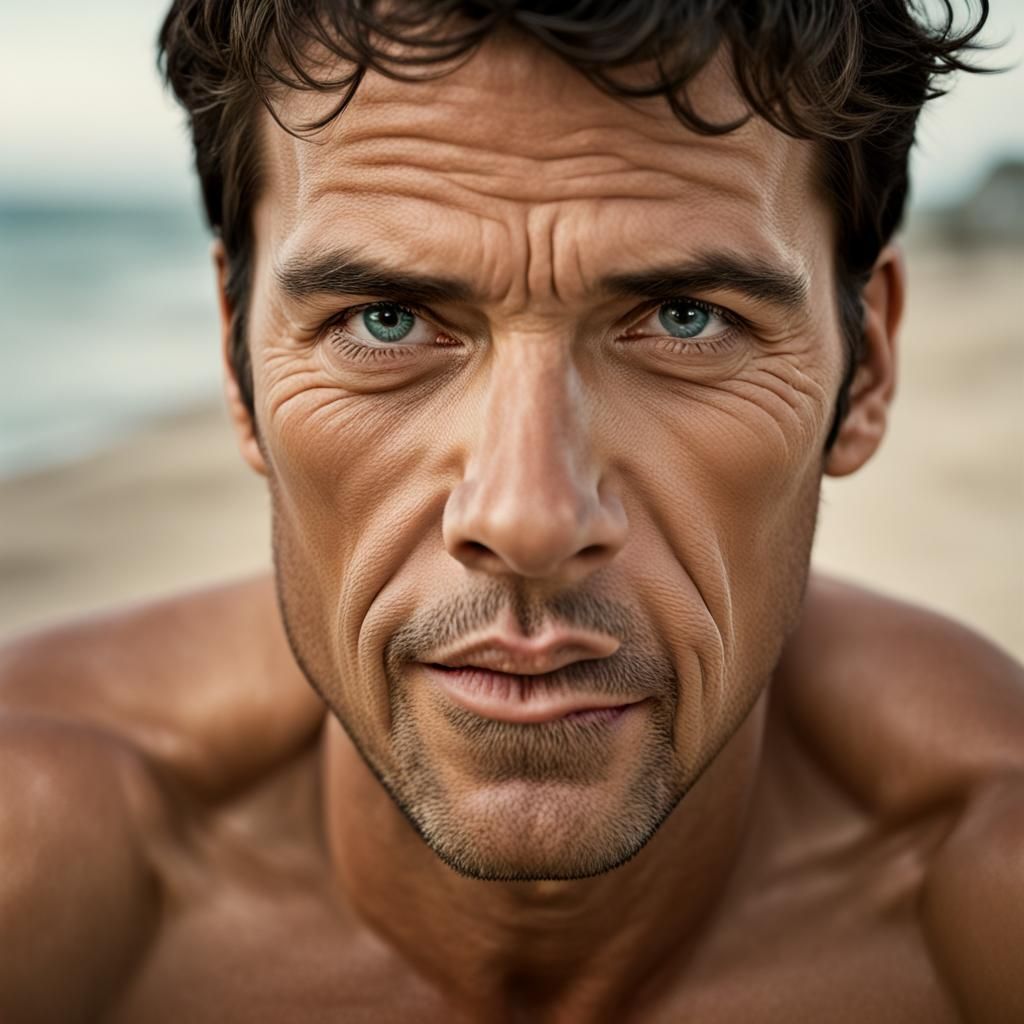 Striking Portrait of Man on Beach in Professional Style