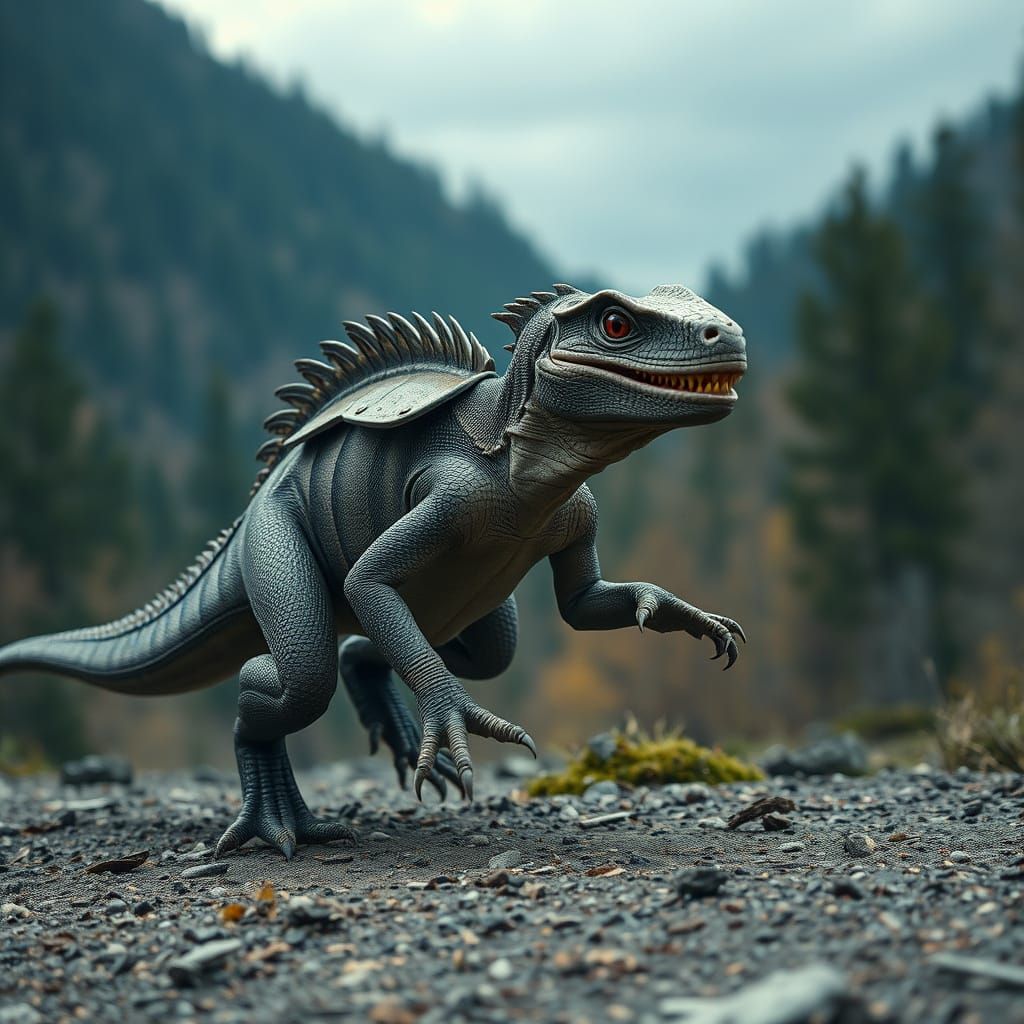 Armored Lizard Runs in Mountain Valley: Cinematic Film Still