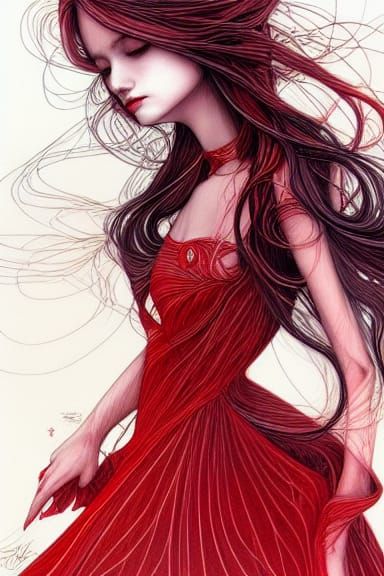 Ethereal Girl in Red Dress: Digital Art Portrait