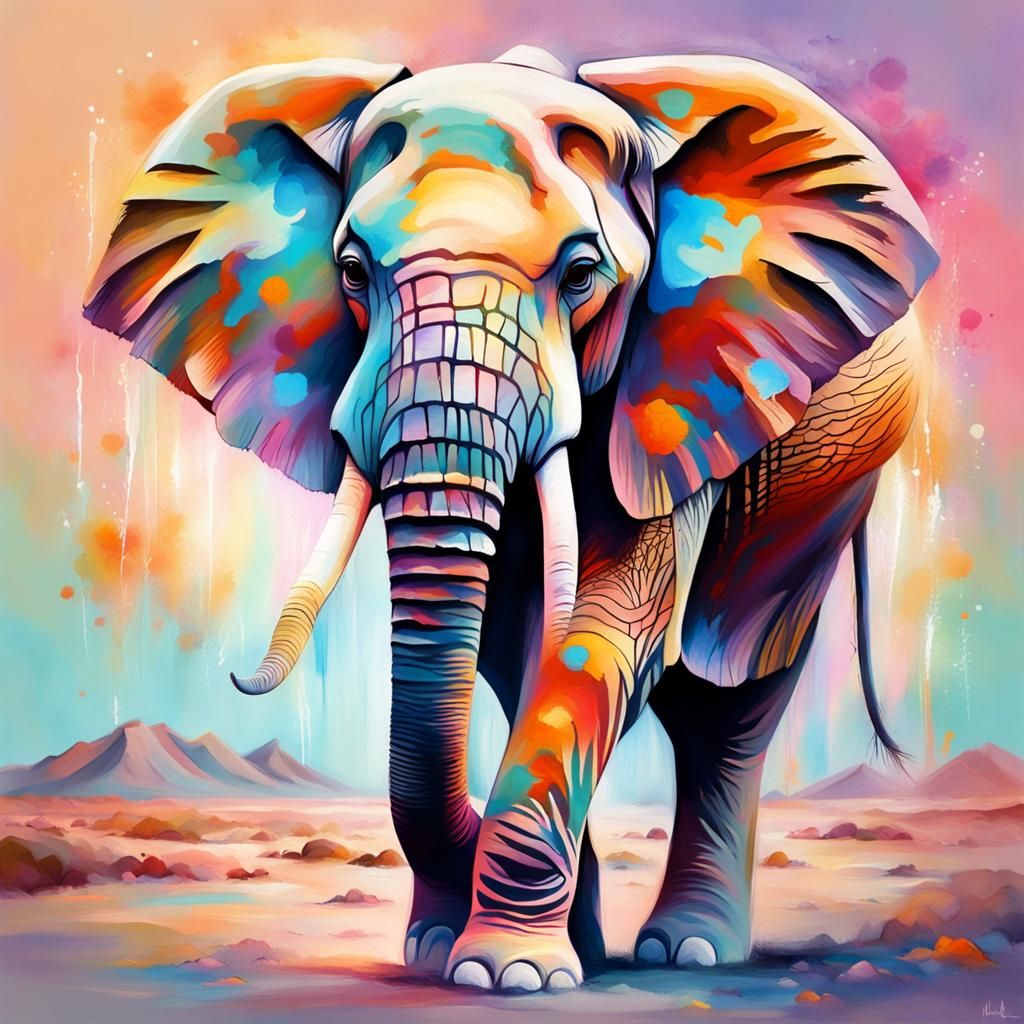 Pastel Elephant in Desert Landscape