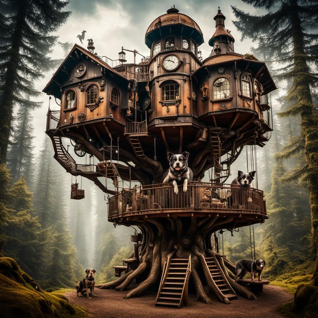 Steampunk Treehouse Protected by Steampunk Dogs