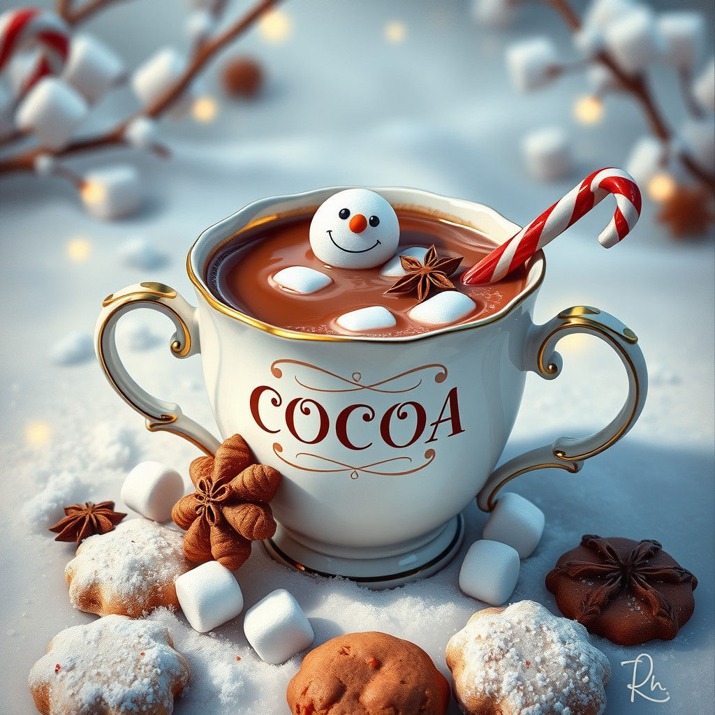 Whimsical Winter Cocoa Still Life in Oil Painting Style