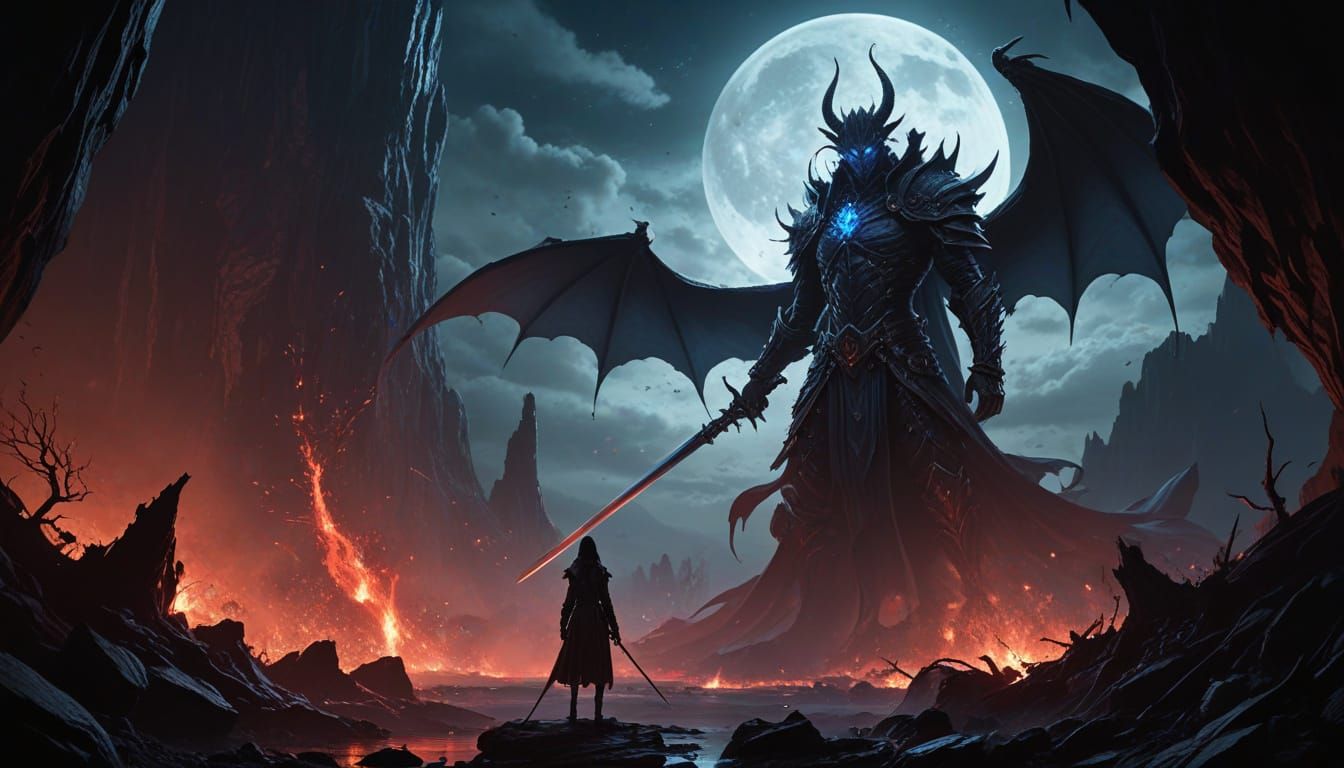 Gothic Horror Landscape Under Blood Moon with Vampire Lord