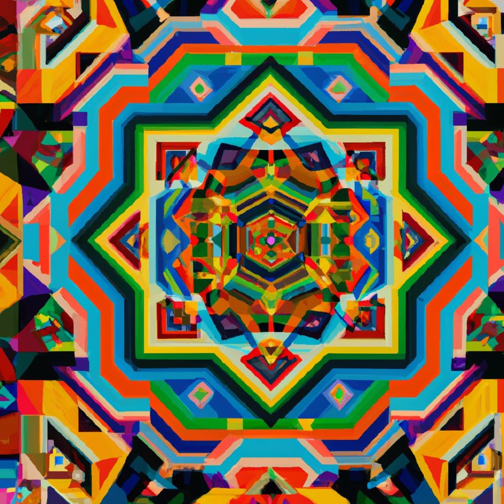 Vibrant Prism Tapestry in Huichol Yarn Art Style