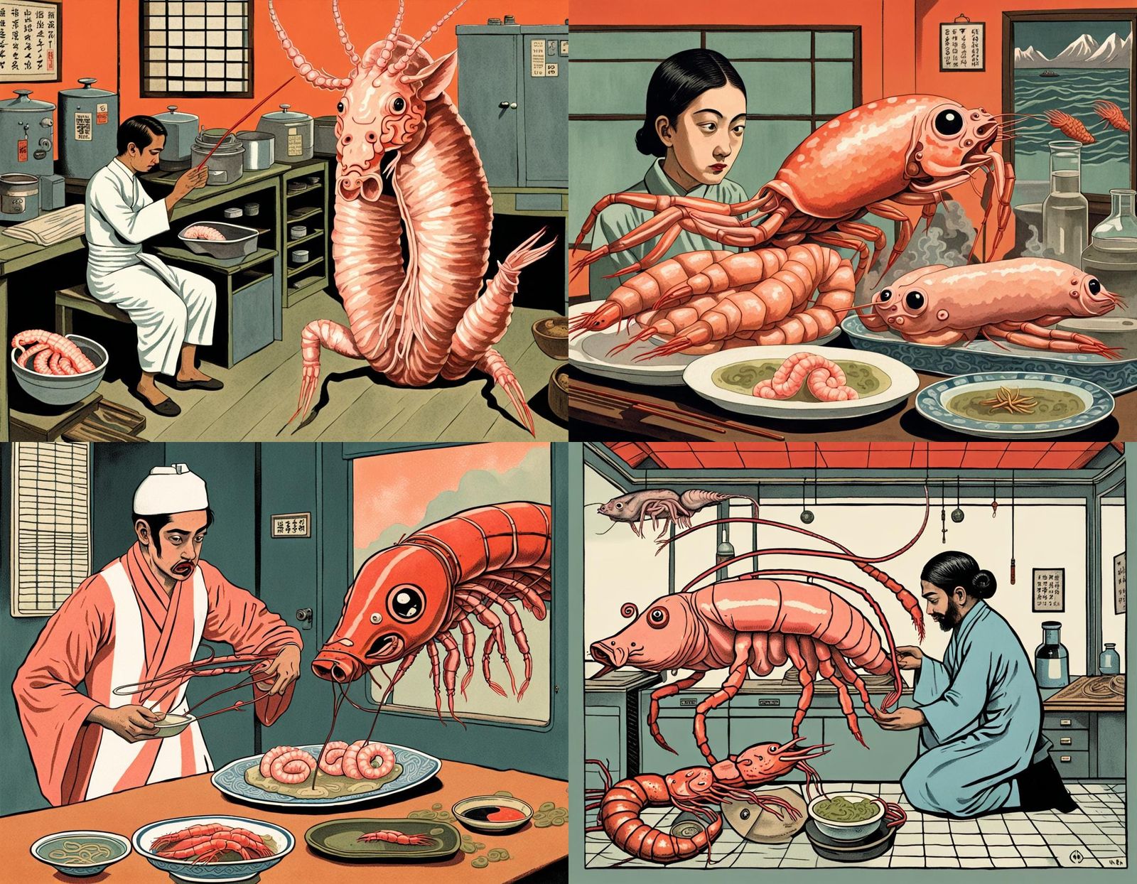 Surreal Ukiyo-e Laboratory Scene: Prawn Pig Calamari