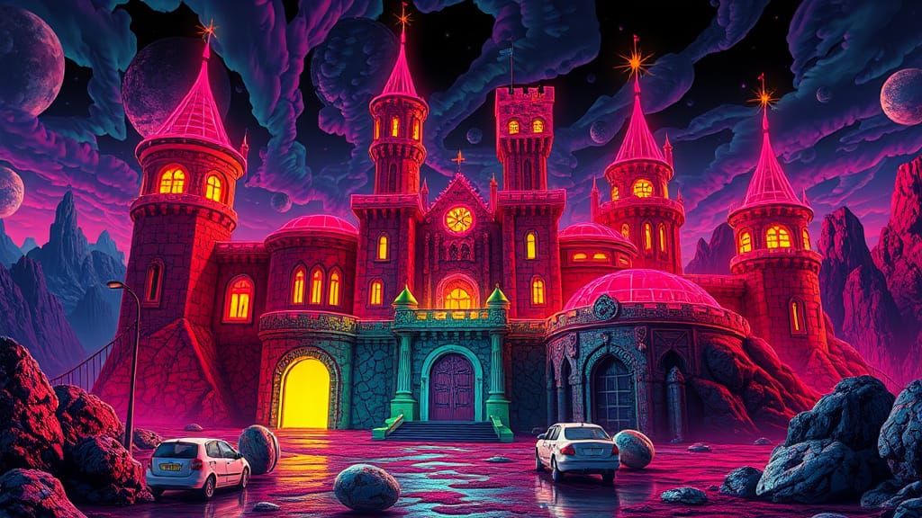Psychedelic Neon Castle in Dystopian Synthwave Style