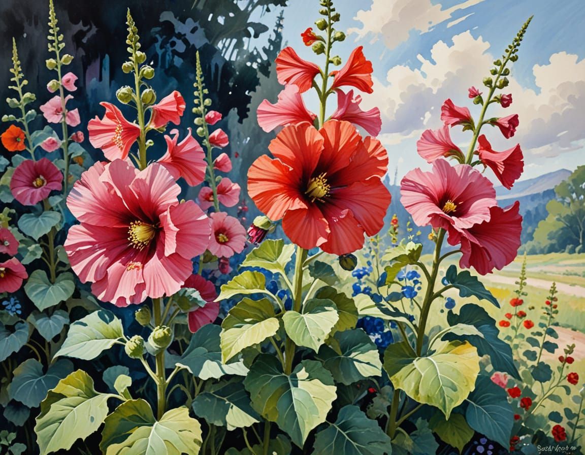 Hollyhocks in Gouache Style: Impressionist Masterpiece