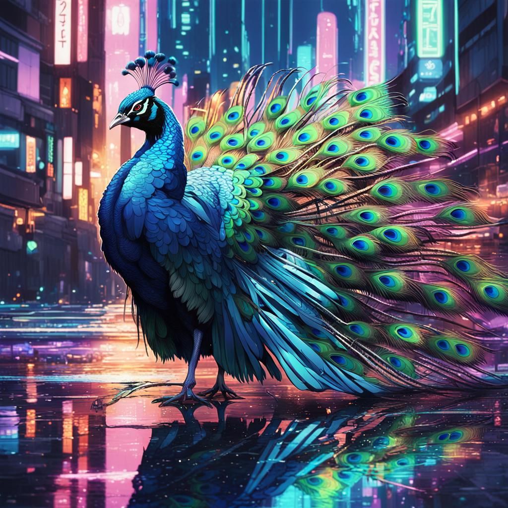 Surreal Cyberpunk Peacock in Neon Cityscape