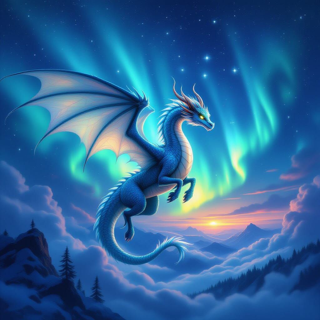 Aurora Dragon Soaring at Night in Ethereal Fantasy Style