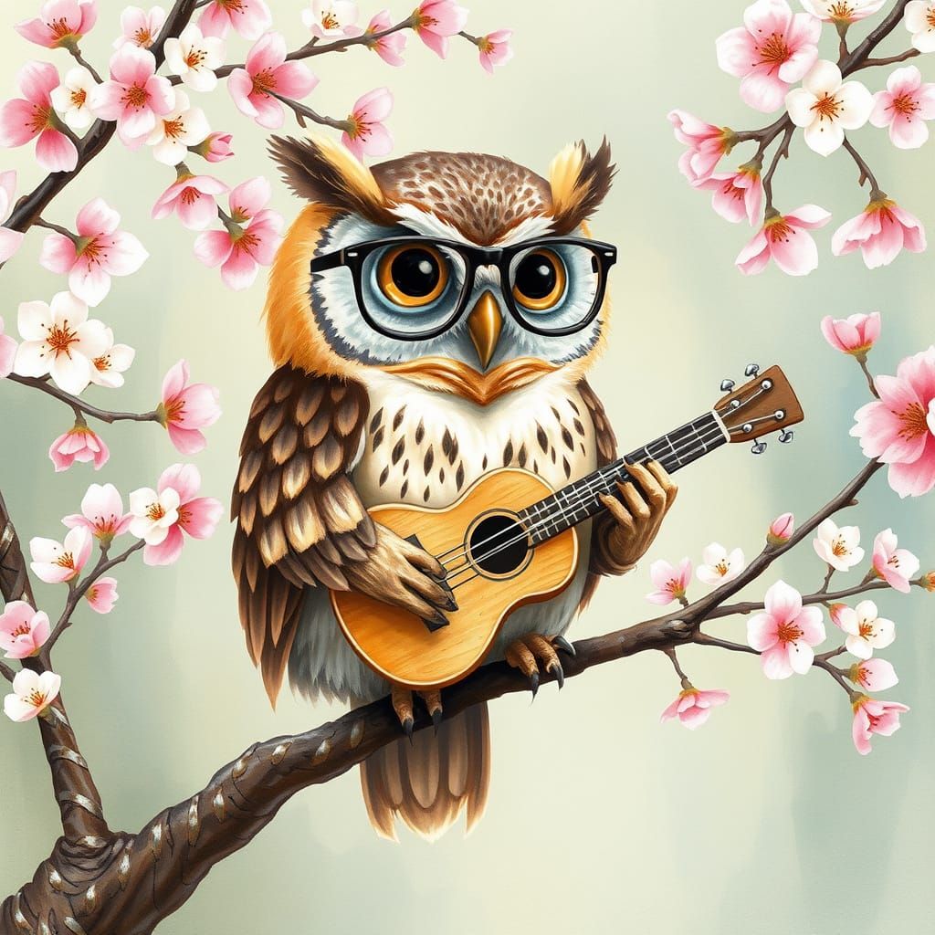 Whimsical Owl in Blossoms, Watercolor Storybook Style