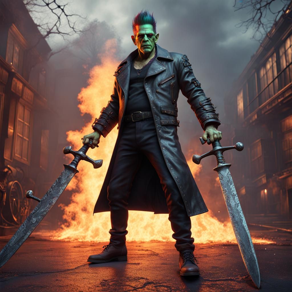 Frankenstein Rocker with Flaming Sword in Artstation Style