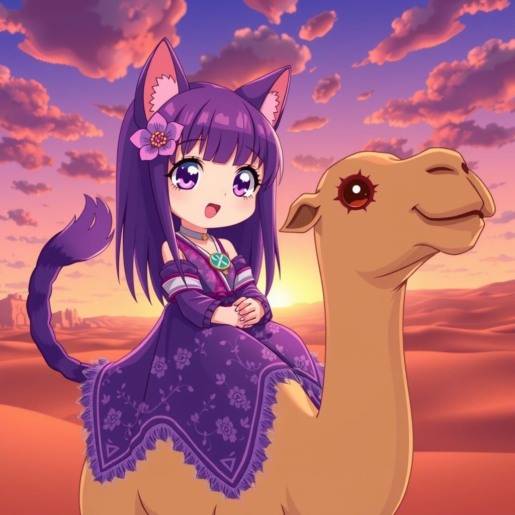Cute Anime Catgirl Riding Camel at Desert Sunset