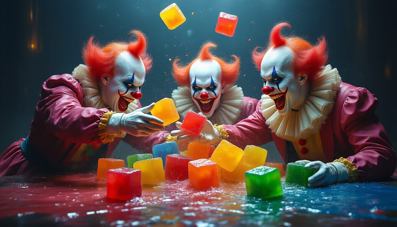 Chaotic Clowns Jello Fight in Surreal Abstract Style