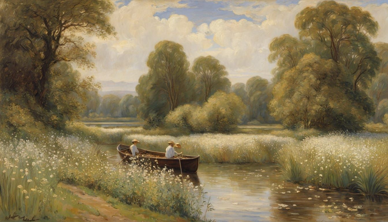 Whimsical Dandelions in Full Bloom, Serene Riverbank Scene